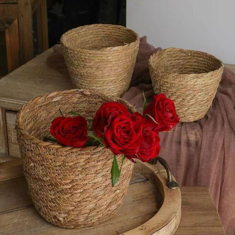 Rattan Plant Basket - 籐バスケットフラワーポットわら草プランター庭のテラス用天然手編み装飾バルコニーと中庭用