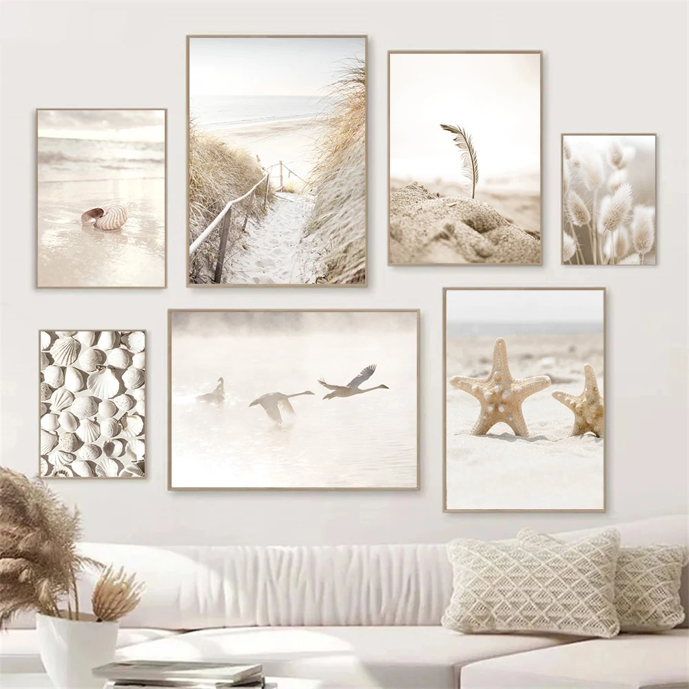 Pampas Grass Decor - ベージュの風景ポスター、ヒトデ、貝殻、ビーチ、北欧風キャンバス絵画、パンパスグラス、ウォールアートプリント、モダンなリビングルームの装飾