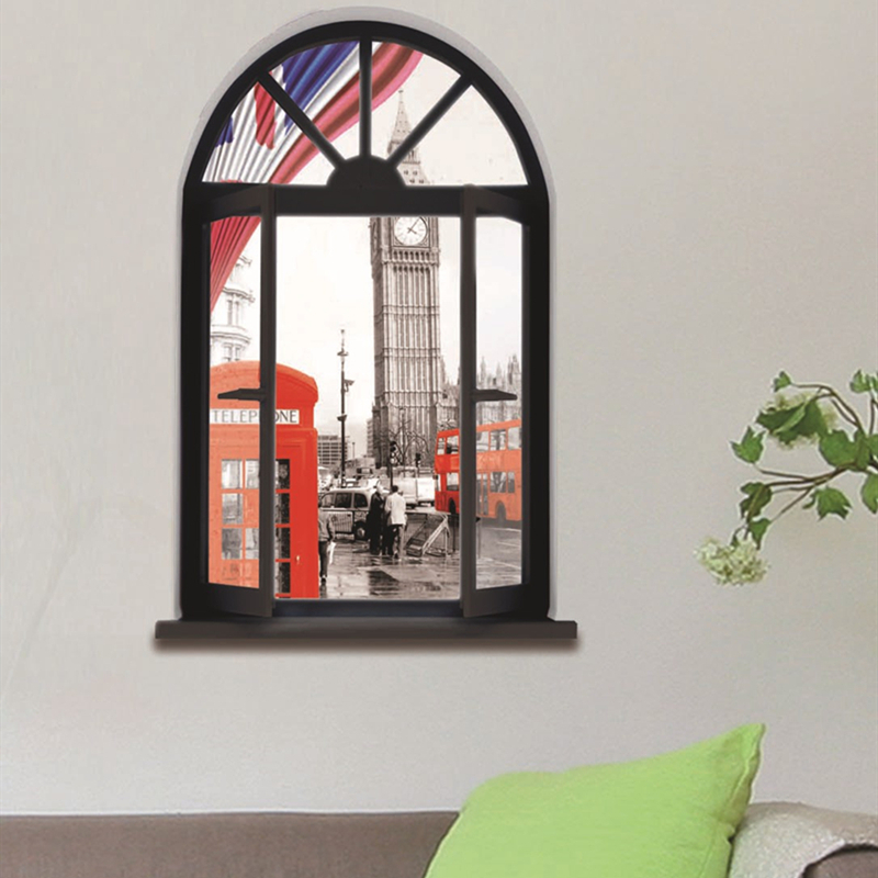 Home Decor Y2K - ロンドンシティストリートビュー壁画時計塔電話ボックスウィンドウアートウォールステッカーヴィンテージホームデコレーション美的部屋用