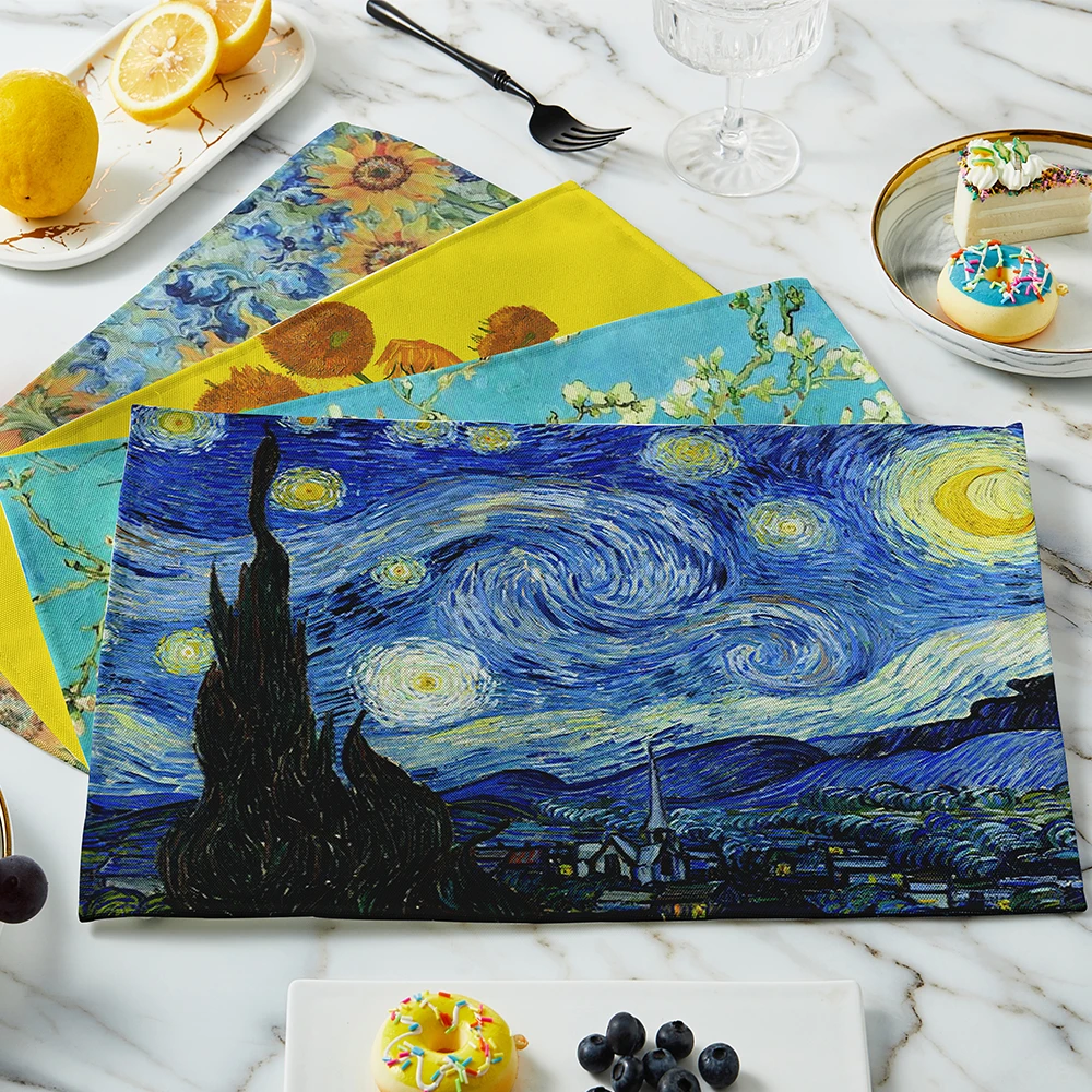 Linen Table Runner - 新しいゴッホ油絵テーブルマットヴィンテージアートテーブルクロス耐熱ノンスリップリネン装飾マットホームカップコースターワインパッド