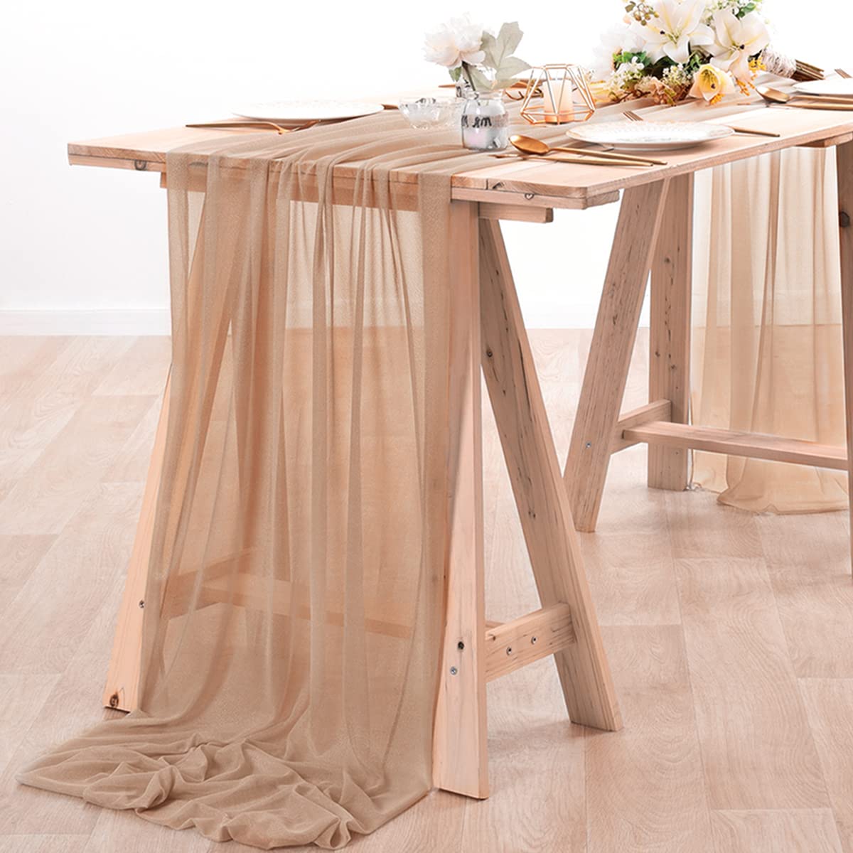 Linen Table Runner - シフォンテーブルランナーヌード薄手の生地シルクウェディングアーチオーバーレイドレープステージブライダルシャワーの装飾誕生日パーティーテーブル装飾