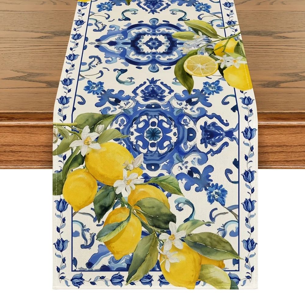 Linen Table Runner - VIKAMAファームハウステーブルランナー レモンブルー ホワイト ポーセリンスタイル お祝いの宴会や食事に