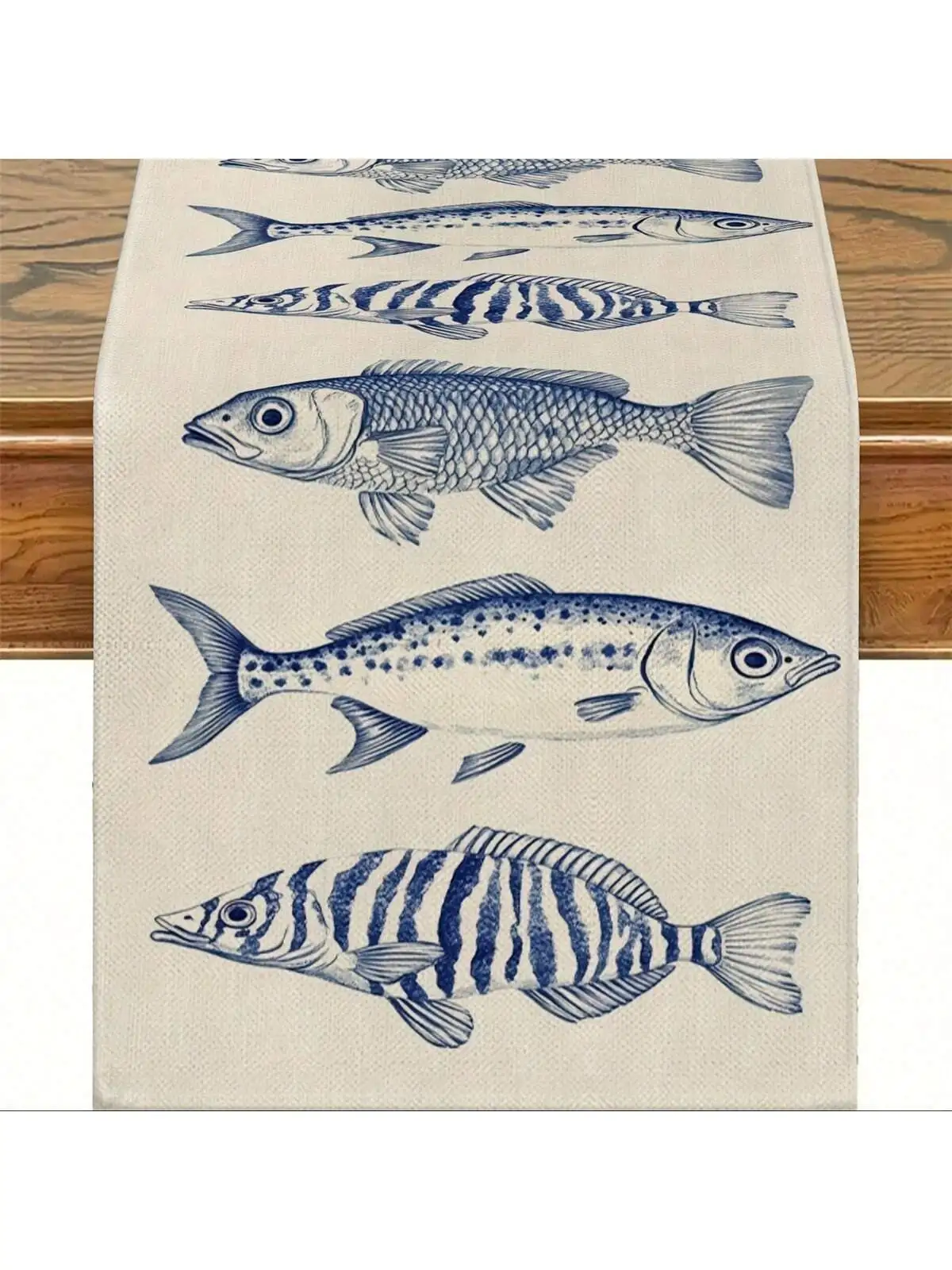 Linen Table Runner - オーシャンテーマのテーブルランナー、明るい海の魚のパターン、青と白のストライプの魚のデザイン、ビーチパーティー用