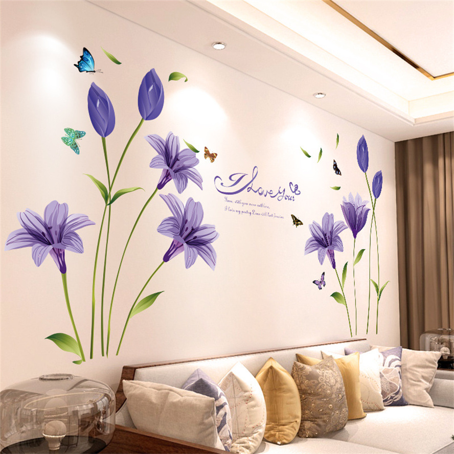 Home Decor Indonesia - DIY パープルラベンダーリビングルームの壁のステッカーの装飾自己粘着花蝶壁飾り壁画寝室の家の装飾