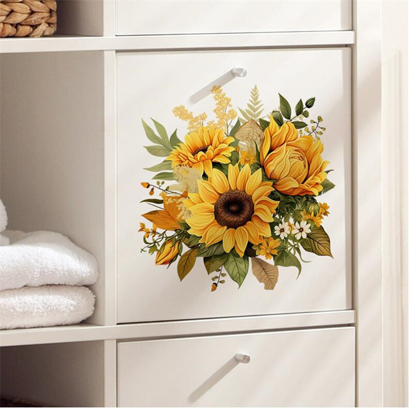 Home Decor Indonesia - 自己粘着色の黄色のヒマワリの花の壁のステッカー寝室リビングルームキャビネット美化装飾卸売