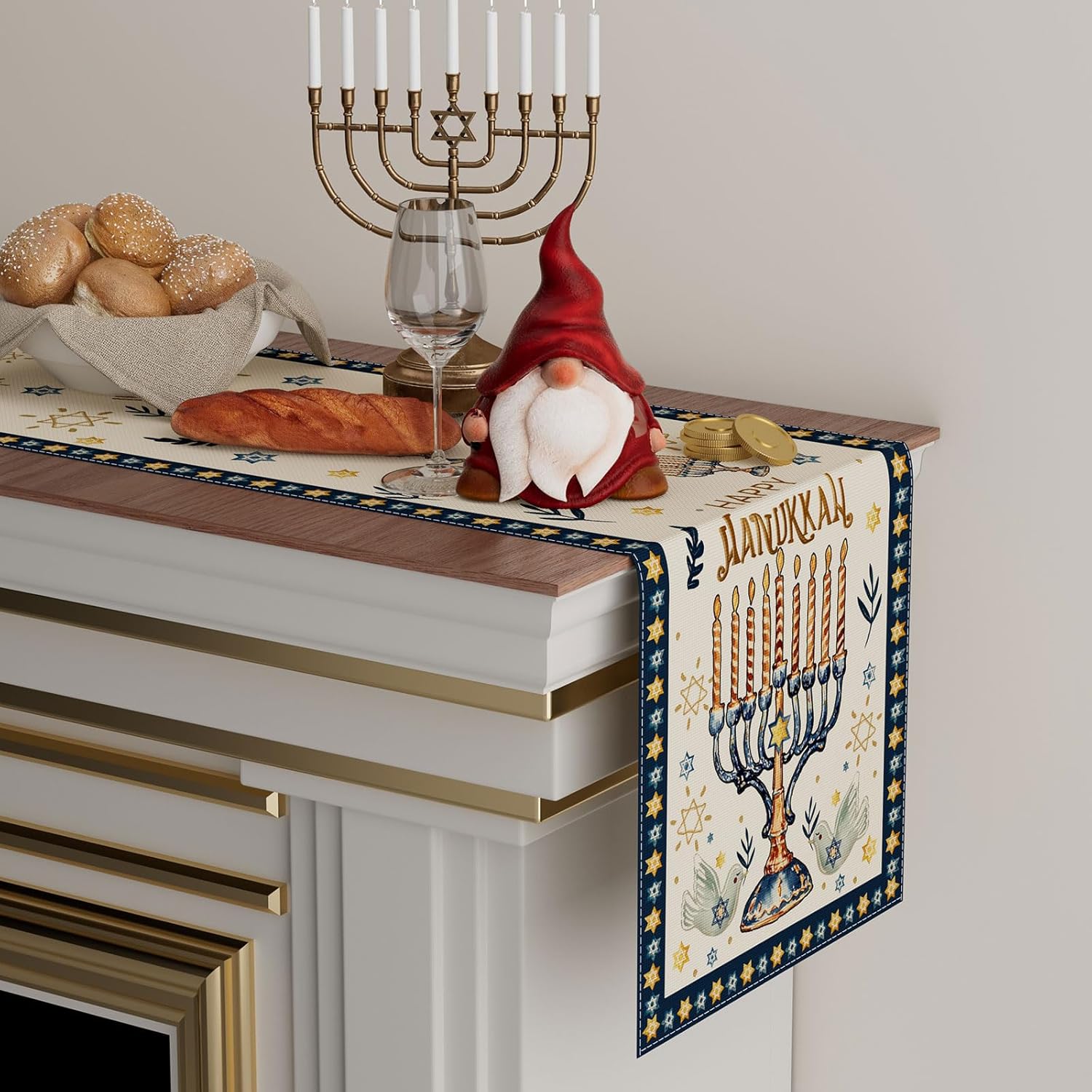ハヌカハヌカメノーラ六芒星テーブルランナー ユダヤ人の祝日の - Linen Table Runner のレビューと価格