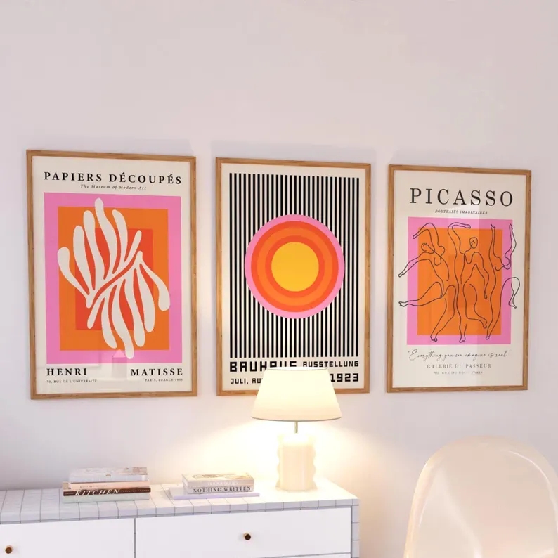 3 個モダンオレンジバウハウスとピカソの壁アートプリントキャ - Home Decor Theme のレビューと価格