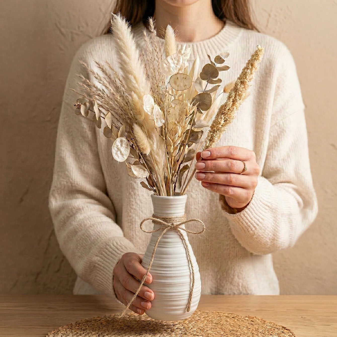 1個入り、ボヘミアン調の横長の装飾が施された花瓶。ジュートの - Pampas Grass Decor のレビューと価格