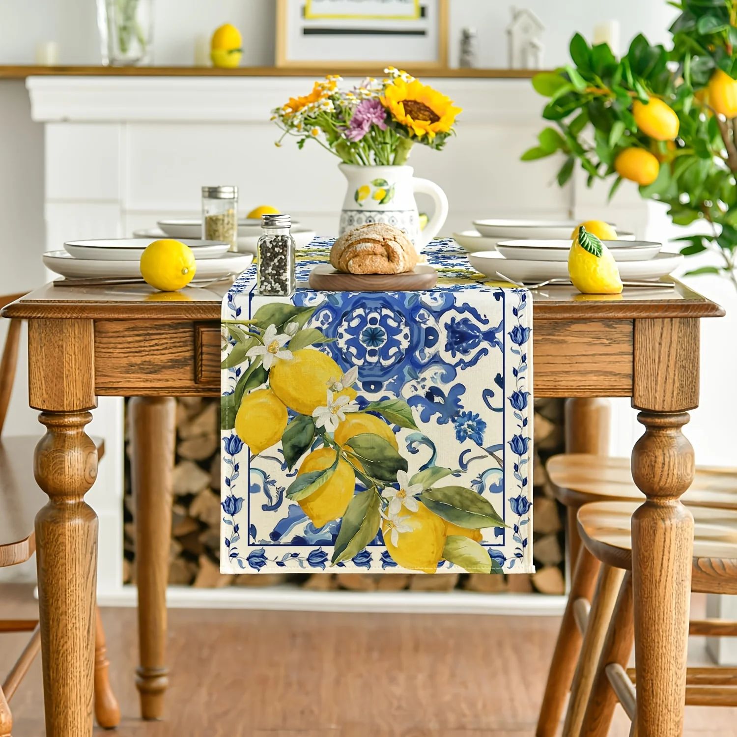VIKAMAファームハウステーブルランナー レモンブルー ホ - Linen Table Runner のレビューと価格