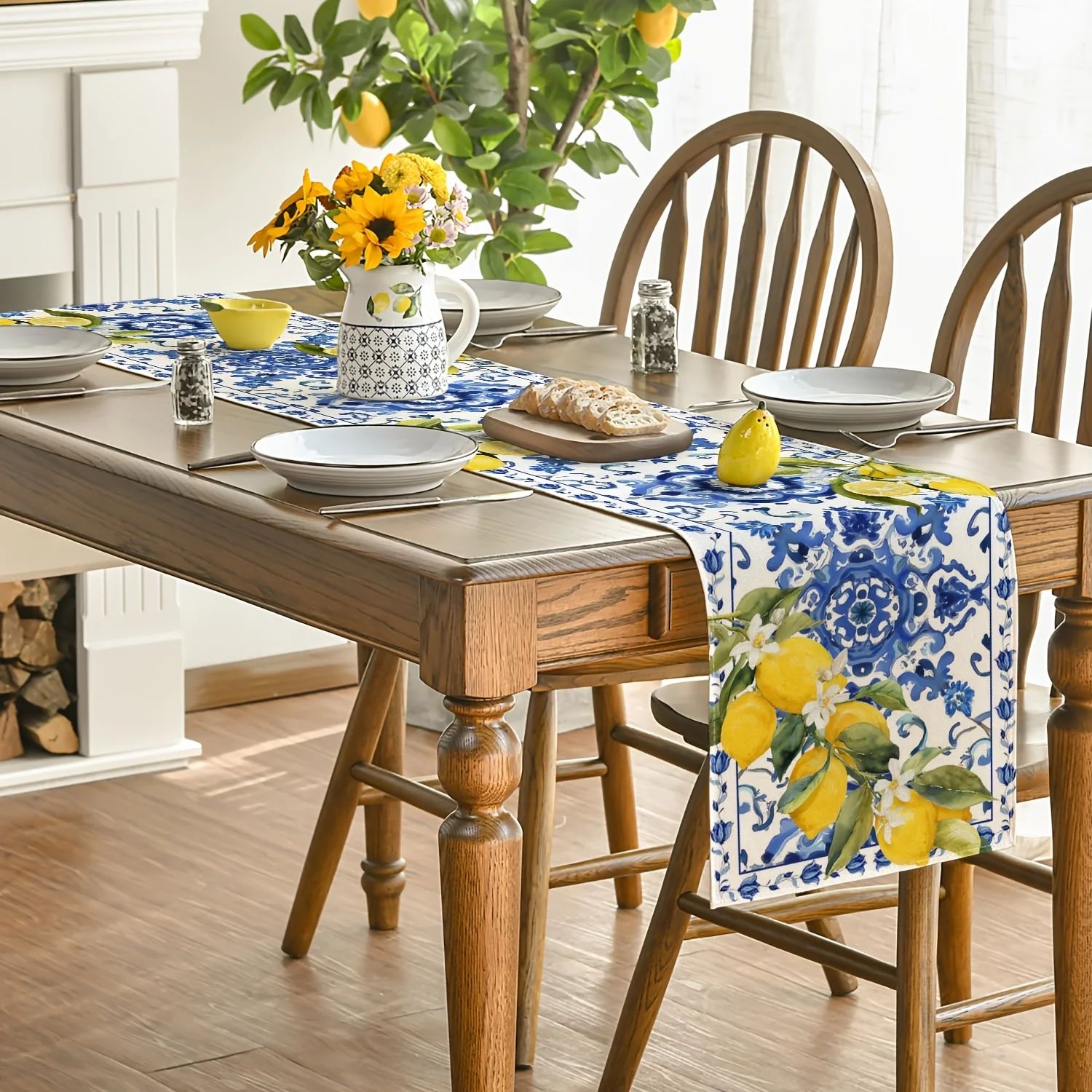 VIKAMAファームハウステーブルランナー レモンブルー ホ - Linen Table Runner のレビューと価格