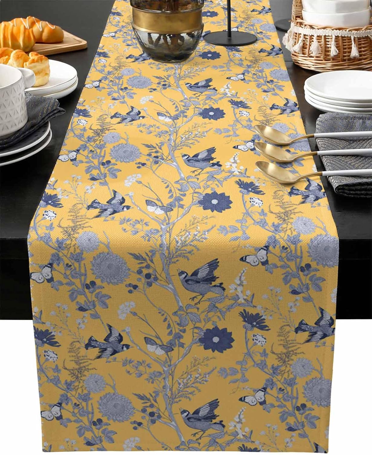 ヴィンテージ鳥蝶ハーブイエローリネンテーブルランナードレッサ - Linen Table Runner のレビューと価格