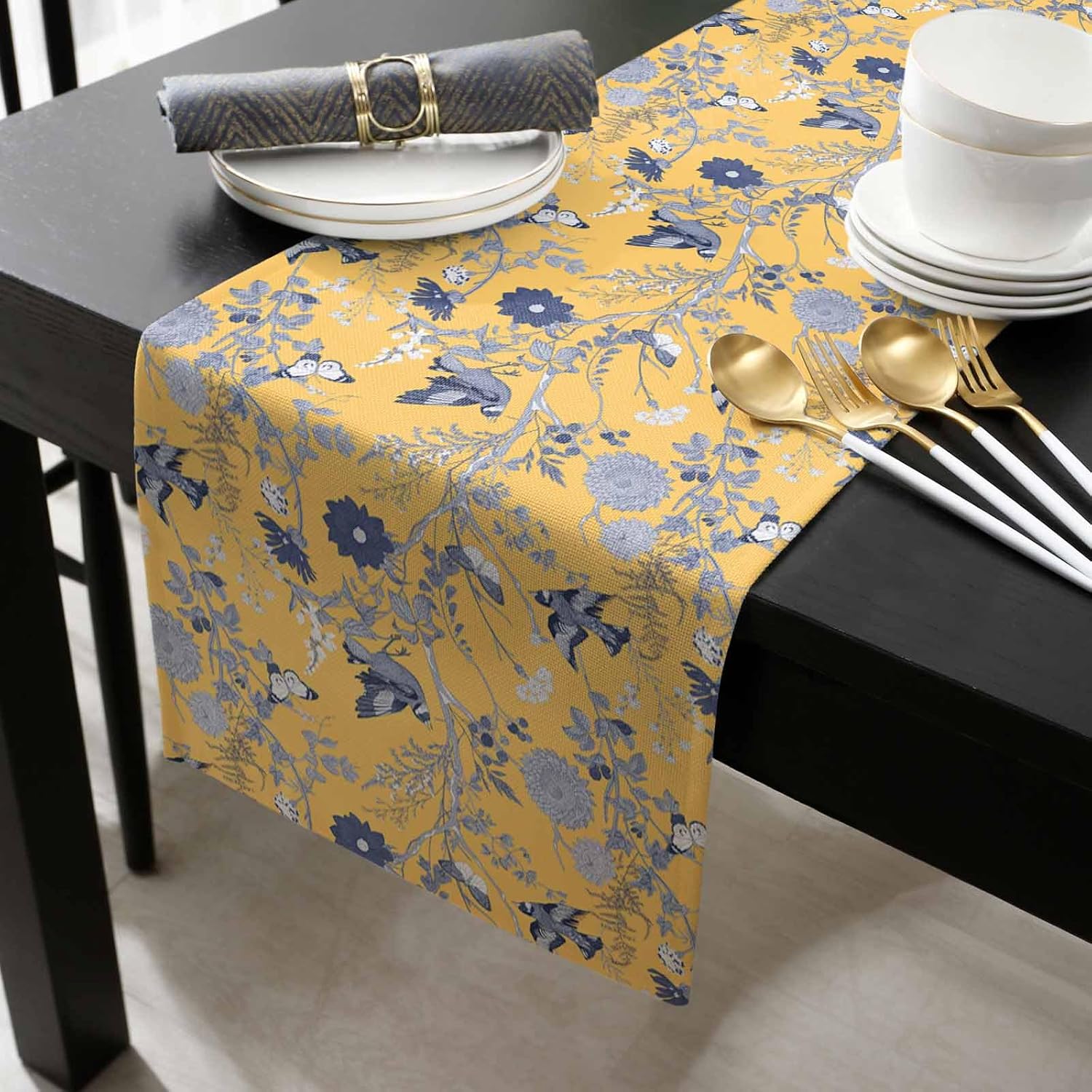 ヴィンテージ鳥蝶ハーブイエローリネンテーブルランナードレッサ - Linen Table Runner のレビューと価格