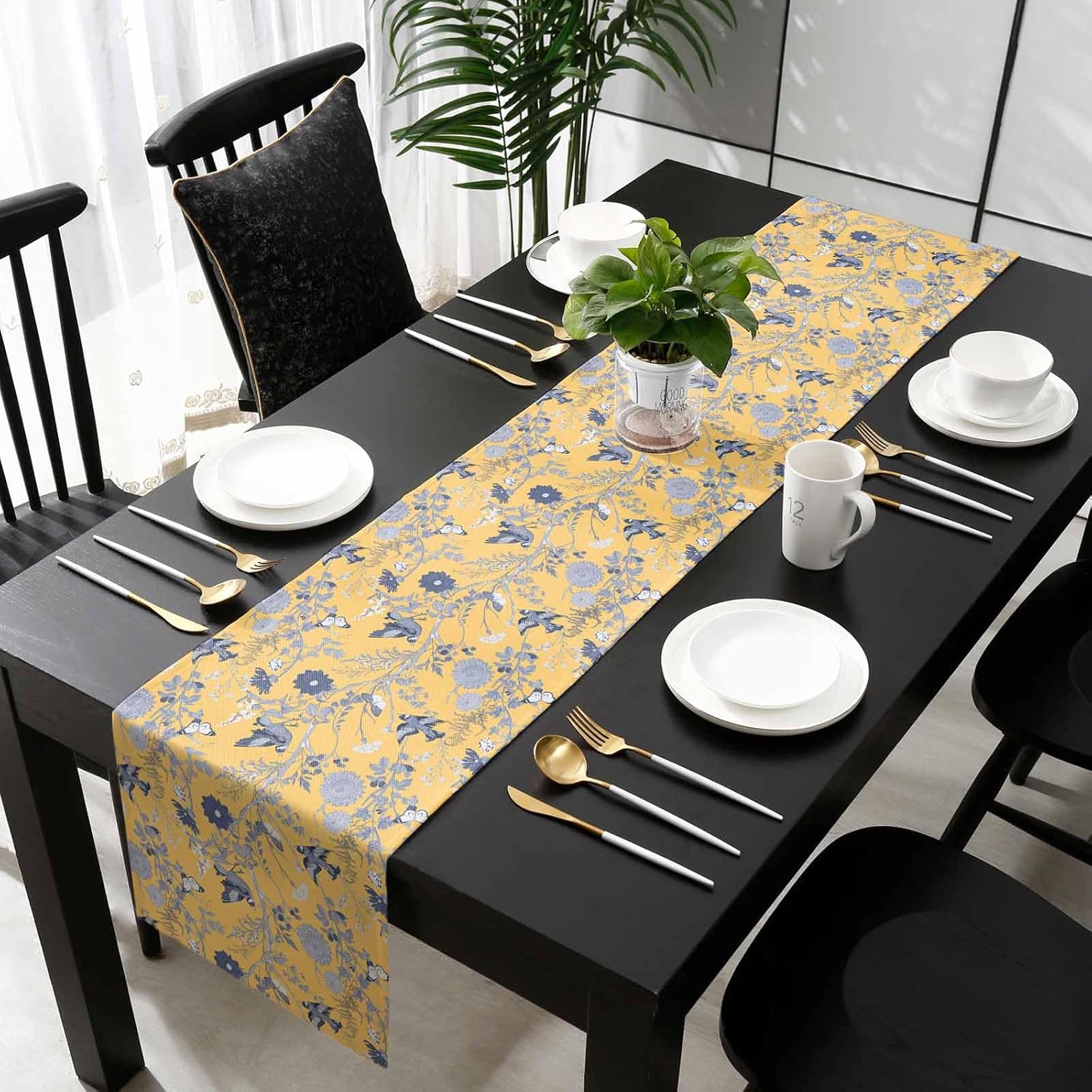 ヴィンテージ鳥蝶ハーブイエローリネンテーブルランナードレッサ - Linen Table Runner のレビューと価格