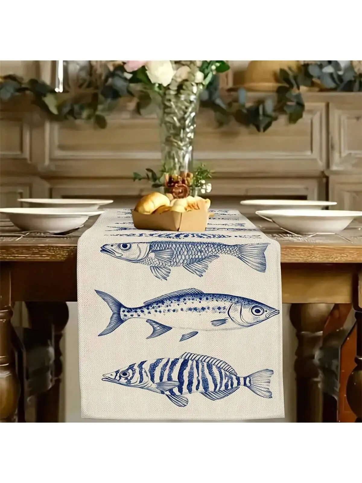 オーシャンテーマのテーブルランナー、明るい海の魚のパターン、 - Linen Table Runner のレビューと価格