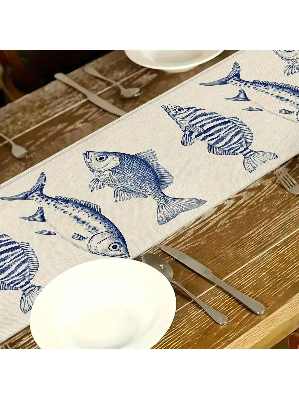 オーシャンテーマのテーブルランナー、明るい海の魚のパターン、 - Linen Table Runner のレビューと価格