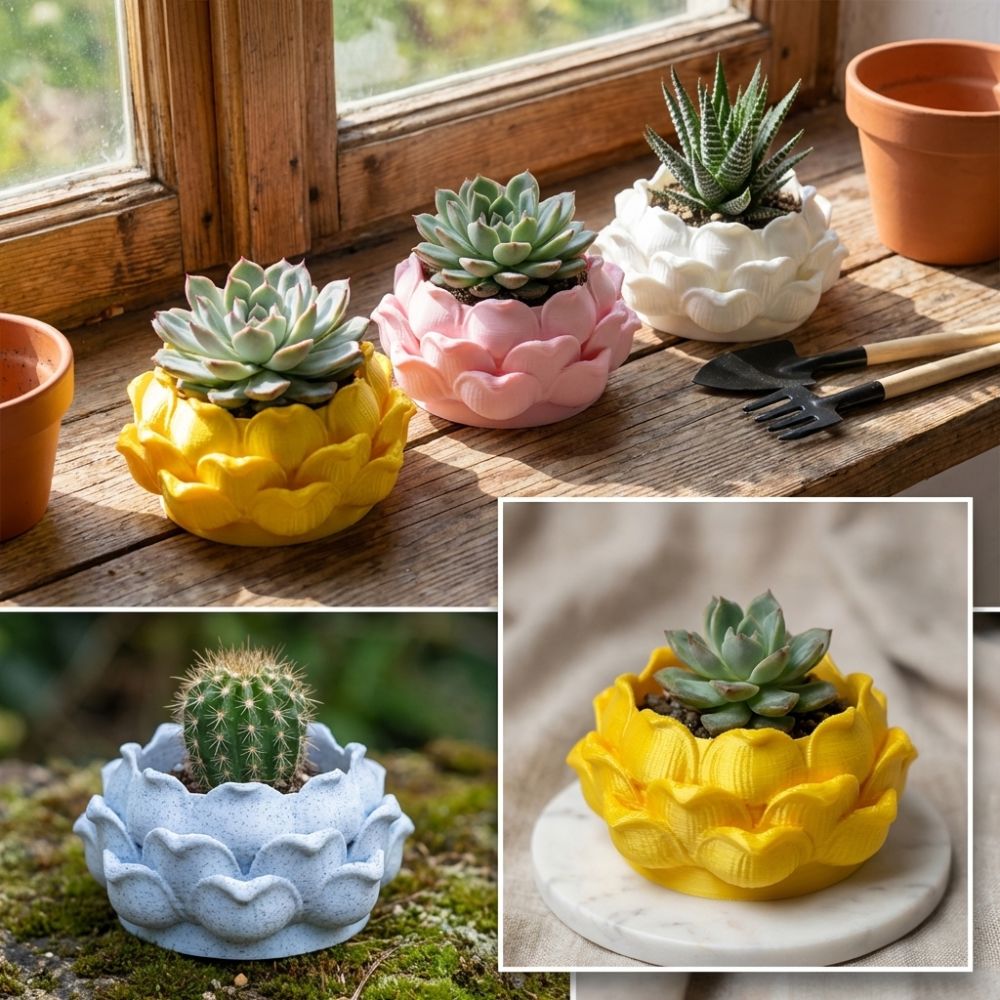 蓮の形をした多肉植物鉢、3Dプリントプラスチック製の排水穴付 - Rattan Plant Basket のレビューと価格